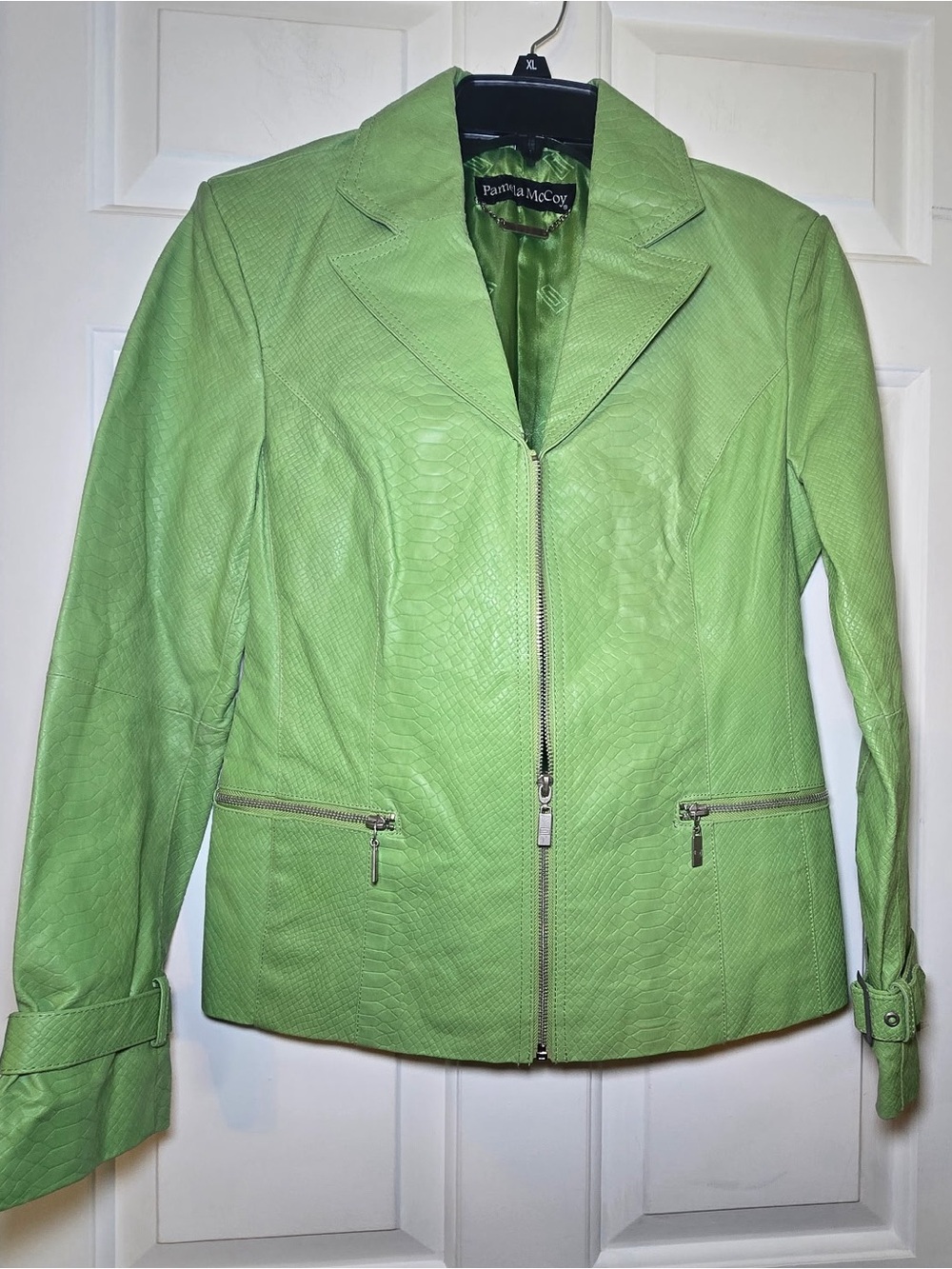Pamela McCoy Vintage Lime Green Animal Print Fitted Moto Leather Jacket XS